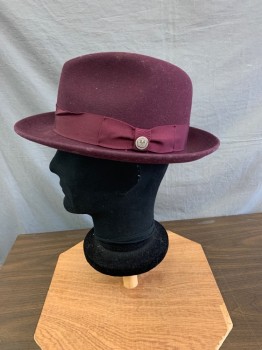 GOORIN BROS, Plum Purple, Wool, Solid, Wool Felt, Plum Gross Grain Ribbon Hat Band, Pewter Logo Button,