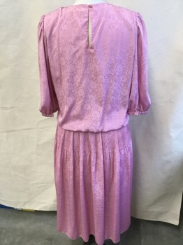 L.T.D By ROBERTA, Dusty Rose Pink, Polyester, Floral, Round Neck with Key Hole Back with 1 Pink Button, 3/4 Sleeves with Snap Button, Thin Elastic Waist, Upper Partial Accordion Pleat, Solid Rose Lining,