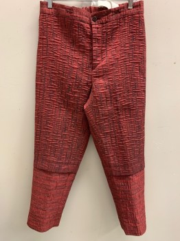 MTO, Red, Black, Polyester, Abstract , Zip Front, Elastic Back Waist, Stitched on Elastic Suspenders, Textured Static Stripe Pattern, Tuck Below Knee