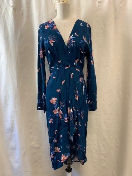 Womens, Dress, Long & 3/4 Sleeve, ASTR, Teal Blue, White, Navy Blue, Periwinkle Blue, Peach Orange, Polyester, Rayon, Floral, XS, V-neck, V-back, Long Sleeves, Pleated Front, Gathered at Waist, Belted Side, Zip Back, High-Low Hem