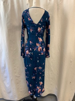 Womens, Dress, Long & 3/4 Sleeve, ASTR, Teal Blue, White, Navy Blue, Periwinkle Blue, Peach Orange, Polyester, Rayon, Floral, XS, V-neck, V-back, Long Sleeves, Pleated Front, Gathered at Waist, Belted Side, Zip Back, High-Low Hem