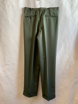 Mens, Slacks, MONOLOGUE, Dk Olive Grn, Polyester, Solid, 33/34, Pleated Front, Zip Fly, 4 Pockets, Belt Loops, Cuffed Hem *Repaired Hole Back Lower Left Leg*