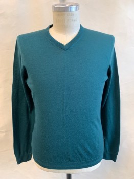 Mens, Pullover Sweater, TED BAKER, Dk Green, Wool, Solid, L, V-neck, Ribbed Knit Neck/Waistband/Cuff
