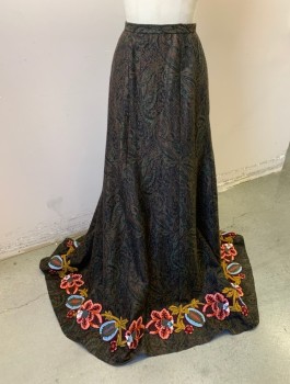 N/L, Black, Brown, Olive Green, Wool, Floral, Paisley/Swirls, Textured Brocade, Large Colorful Floral Appliques at Hem, Snap/Hook and Bar Closures at Back Waist,