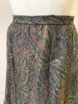 N/L, Black, Brown, Olive Green, Wool, Floral, Paisley/Swirls, Textured Brocade, Large Colorful Floral Appliques at Hem, Snap/Hook and Bar Closures at Back Waist,