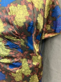 N/L, Green, Brown, Dk Brown, Blue, Silk, Floral, Scoop Neck, Short Sleeves, Off Center Front Seam with Horizontal Gathers and Flap, Zip Back, Hem Below Knee, Center Back Pleat at Hem with Slight Tear,