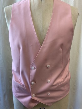 Mens, Suit, Vest, ROSSI MAN, Baby Pink, Polyester, Rayon, Solid, 42S, V-neck, Double Breasted, 6 Buttons, 2 Pockets, White Back, Belted Back