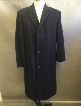 Mens, Coat, Overcoat, HUGO BOSS, Navy Blue, Wool, Cashmere, Solid, 44L, Dark Navy, Single Breasted, Notched Lapel, 3 Buttons, 2 Welt Pockets, Black Lining