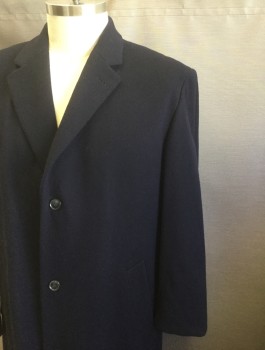 Mens, Coat, Overcoat, HUGO BOSS, Navy Blue, Wool, Cashmere, Solid, 44L, Dark Navy, Single Breasted, Notched Lapel, 3 Buttons, 2 Welt Pockets, Black Lining