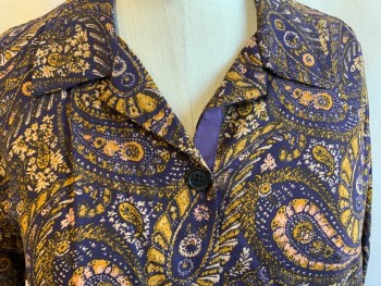 URBAN OUTFITTER, Purple, Goldenrod Yellow, Beige, Viscose, Paisley/Swirls, Collar Attached, Solid Purple Inside Button Front Placket, Short Sleeves, Side Split Hem Bottom