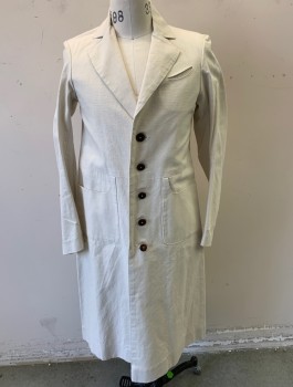 Unisex, Historical, N/L MTO, Ecru, Cotton, Solid, 36, Lab Coat, Canvas, Long Sleeves, Notched Lapel, 5 Dark Brown Buttons, 3 Pockets: 1 Small Curved Chest Pocket, 2 Curved Pockets at Waist Seam, Self Belted Back, Below Knee Length, Made To Order Reproduction