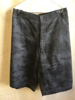 Mens, Shorts, SUB CULTURE, Gray, Black, Cotton, Abstract , Camouflage, 40, Gray with Black Horizontal Abstract Camouflage, 1.5" Waistband with Belt Hoops, Flat Front, Zip Front, 4 Pockets