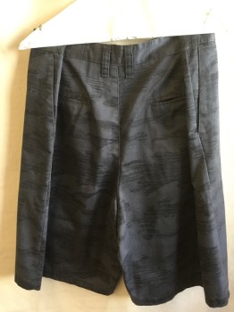Mens, Shorts, SUB CULTURE, Gray, Black, Cotton, Abstract , Camouflage, 40, Gray with Black Horizontal Abstract Camouflage, 1.5" Waistband with Belt Hoops, Flat Front, Zip Front, 4 Pockets