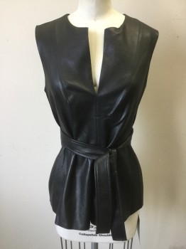 BCBG MAXAZRIA, Black, Polyester, Faux Leather, Solid, Pleather, Ballet Neck  with Slit, Sleeveless, Back Zipper, Belt
