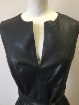 BCBG MAXAZRIA, Black, Polyester, Faux Leather, Solid, Pleather, Ballet Neck  with Slit, Sleeveless, Back Zipper, Belt