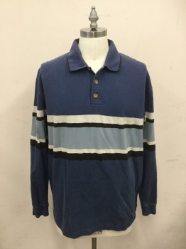DENVER HAYES, Blue, Black, White, Powder Blue, Cotton, Stripes, 3 Button Placket, Horizontal Stripes Across Chest/Sleeves, Long Sleeves, Ribbed Knit Collar Attached with Black Trim, Ribbed Knit Cuff