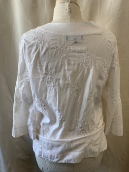 JONES NY, White, Cotton, Floral, Self Pattern, Pullover, V-neck, Long Sleeves