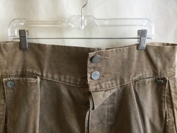 JAS TOWNSEND & SON, Lt Brown, Cotton, Solid, Aged/distressed, 3"  Waistband with 2 Large Silver Buttons, Pleat, Split and Gray String Lacing Back, Silver Button Front, 2 Fold Over Flap with 1 Matching Silver Button Pocket Front,