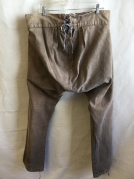 Mens, Historical Fiction Pants, JAS TOWNSEND & SON, Lt Brown, Cotton, Solid, 38/32, Aged/distressed, 3"  Waistband with 2 Large Silver Buttons, Pleat, Split and Gray String Lacing Back, Silver Button Front, 2 Fold Over Flap with 1 Matching Silver Button Pocket Front,