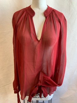 Womens, Blouse, DEREK LAM, Dk Red, Silk, Solid, 2, Pull On, Chiffon, Round Neck Slit Center Front, Long Raglan Sleeves Gathered at Wrists with Long Tie Closure