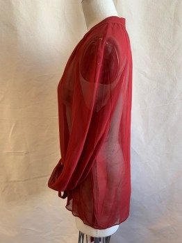 Womens, Blouse, DEREK LAM, Dk Red, Silk, Solid, 2, Pull On, Chiffon, Round Neck Slit Center Front, Long Raglan Sleeves Gathered at Wrists with Long Tie Closure