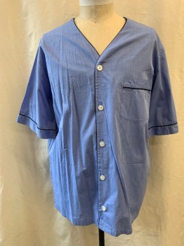Mens, Sleepwear PJ Top, ROCHESTER, Lt Blue, White, Cotton, Heathered, Tall, L, V-neck, Button Front, Short Sleeves, Navy Piping Trim