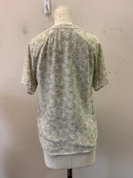 Womens, Blouse, H&M, Lt Beige, White, Polyester, Floral, XS, Round Neck, Button Front, S/S, Pleated Front,
