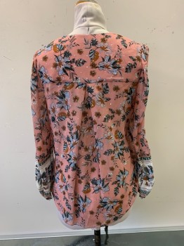Womens, Top, VERONICA BEARD, Salmon Pink, Multi-color, Silk, Floral, 8, V-N, L/S, 6 Silver Buttons Down Front, Silver and Rose Gold Tinsel, Light Blue, Rust, Green Floral Print