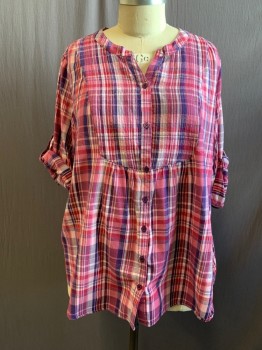 Womens, Top, ERIKA, Fuchsia Pink, Pink, Purple, Cotton, Synthetic, Plaid, 2X, Button Front, Band Collar, Stitch Striped Bib, Gathered Under Bib, Long Sleeves with Button Tab for Sleeve Roll Up