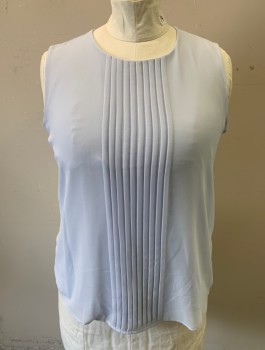 Womens, Blouse, CALVIN KLEIN, Ice Blue, Polyester, Spandex, Solid, L, Chiffon, Sleeveless, Round Neck,  Vertical Pleats at Front, 1 Button at Back Neck