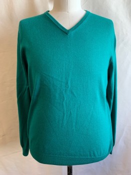 Mens, Pullover Sweater, J. CREW, Green, Wool, Solid, XL, Ribbed Knit V-neck, Long Sleeves, Ribbed Knit Cuff/Waistband