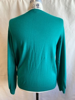 Mens, Pullover Sweater, J. CREW, Green, Wool, Solid, XL, Ribbed Knit V-neck, Long Sleeves, Ribbed Knit Cuff/Waistband