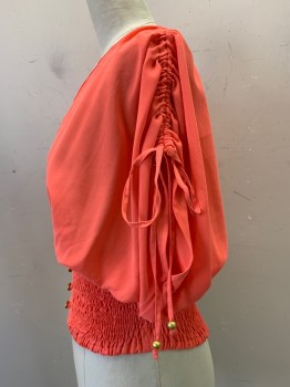 Womens, Blouse, ARDEN B, Coral Orange, Polyester, Solid, S, S/S, V Neck, Button Front, D String On Sleeves, Elastic Waist, Sheer, Diamond Buttons