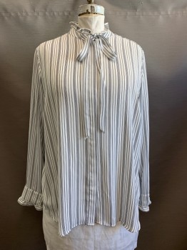 WORTHINGTON, White, Black, Polyester, Stripes, Ruffle Neck, Button Front, L/S, Ties at Neck, MULTIPLES