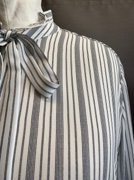 WORTHINGTON, White, Black, Polyester, Stripes, Ruffle Neck, Button Front, L/S, Ties at Neck, MULTIPLES
