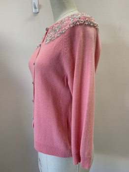 Womens, Cardigan Sweater, CYNTHIA STEFFE, Pink, Cashmere, Solid, S, L/S, Button Front, Crew Neck, Diamond Buttons, Beaded Neckline