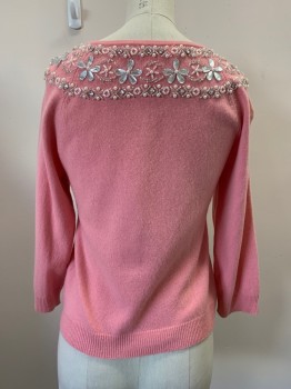 Womens, Sweater, CYNTHIA STEFFE, Pink, Cashmere, Solid, S, L/S, Button Front, Crew Neck, Diamond Buttons, Beaded Neckline
