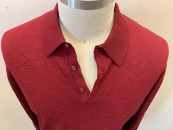 Mens, Pullover Sweater, JOHN W NORDSTROM, Cranberry Red, Wool, Solid, L, Long Sleeves, Pullover, 3 Button Placket, Collar Attached,