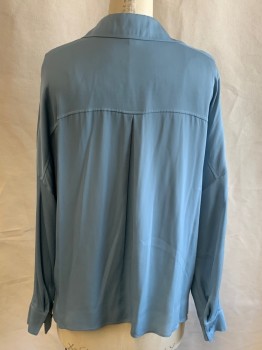 Womens, Blouse, VINCE, Teal Blue, Silk, Spandex, Solid, M, Pull On, C.A., Placket with 1 Button & Modesty Snap, Dolman L/S, Back Yoke & Pleat, A Few Smagg Pulls