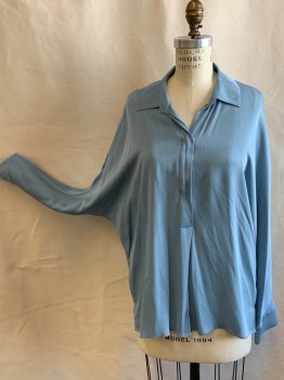VINCE, Teal Blue, Silk, Spandex, Solid, Pull On, C.A., Placket with 1 Button & Modesty Snap, Dolman L/S, Back Yoke & Pleat, A Few Smagg Pulls