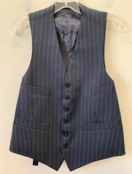 Mens, Suit, Vest, BROOKS BROTHERS, Navy Blue, White, Wool, Stripes - Pin, 40, 6 Button, 2 pocket