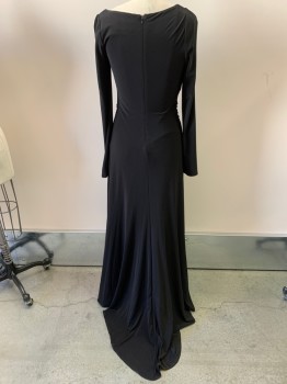 VERA WANG, Black, Polyester, Spandex, Solid, Heavy Jersey, L/S, Asymmetrical Draped Neck, L/S, Back Zipper, Fitted Flared Skirt with Train, Multiple