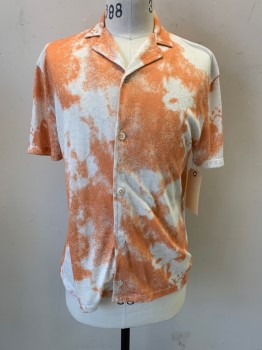 ZARA, Orange, Off White, Polyester, Linen, Mottled, Knit, Short Sleeves, Button Front, Collar Attached,