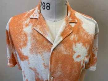ZARA, Orange, Off White, Polyester, Linen, Mottled, Knit, Short Sleeves, Button Front, Collar Attached,