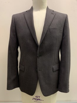 Mens, Sportcoat/Blazer, LAUREN , Brown, Black, Blue, Wool, Check , Long, 42R, Slvs, Single Breasted, 2 Buttons,  Notched Lapel, 3 Pockets, Center Back Vent, Alteration - Sleeves Let Out As Much As Possible Triple Pleat, Try to Make It 42L
