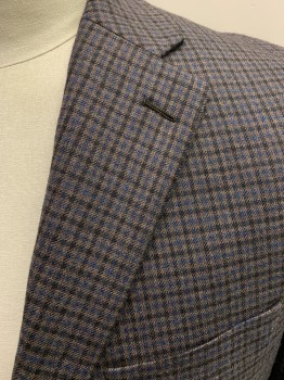 Mens, Sportcoat/Blazer, LAUREN , Brown, Black, Blue, Wool, Check , Long, 42R, Slvs, Single Breasted, 2 Buttons,  Notched Lapel, 3 Pockets, Center Back Vent, Alteration - Sleeves Let Out As Much As Possible Triple Pleat, Try to Make It 42L