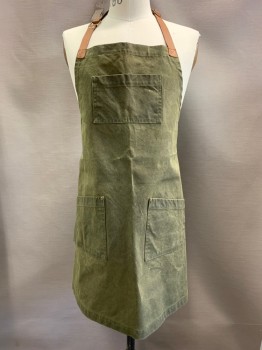 NL, Olive Green, Leather, Solid, Adjustable Neck Strap, 3 Pockets, Back Strap, Stained/aged