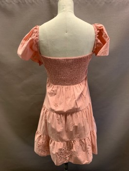Womens, Dress, Short Sleeve, ZARA, Blush Pink, Cotton, Solid, XS, Boho, Sweetheart Neck, Flutter Sleeves, Embroiderred Cutouts, Tiered Skirt, Smocked Back