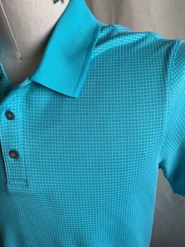 AXIST, Aqua Blue, White, Polyester, Check , S/S, 3 Buttons,  Rib Knit Collar, Gray Pearl Buttons