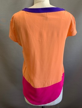 SPLENDID, Peach Orange, Fuchsia Pink, Rayon, Color Blocking, Cap Sleeves, Pullover, Contrasting Purple Scoop Neck, High/Low Hem
